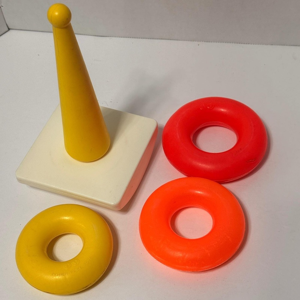 Vintage Fisher Price Rock-a-Stack Stacking Toy 3 Rings Yellow Post Rocking Base* - Picture 5 of 7